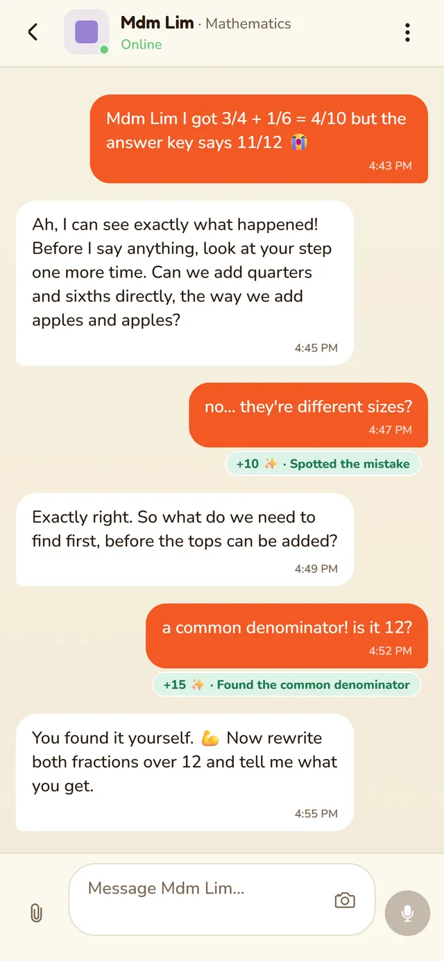 A maths chat where the mentor replies to a wrong answer with a smaller question instead of the solution.