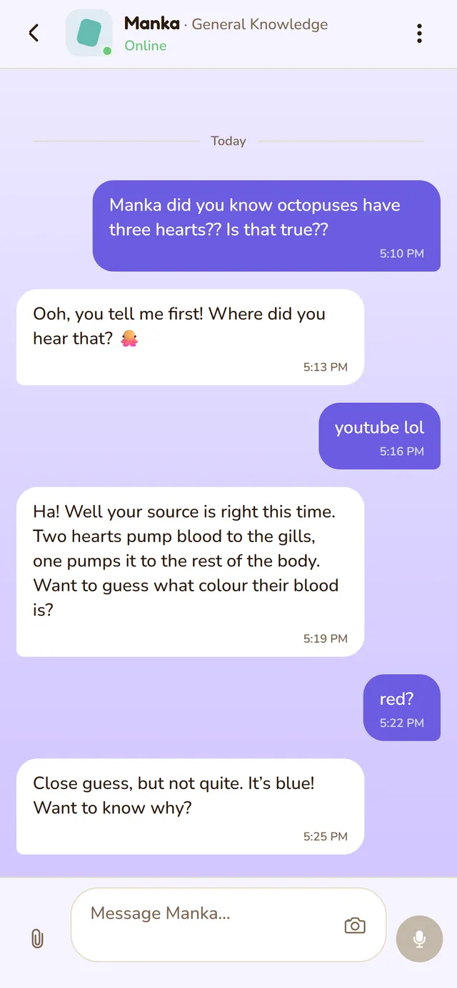 A chat in a colourful theme the child unlocked, with a friendly reply from the mentor.