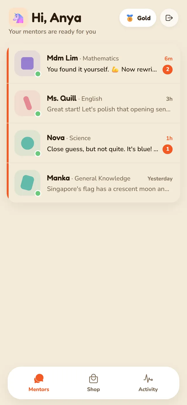 The Mentus AI home screen, showing a child's list of mentors with unread message counts.