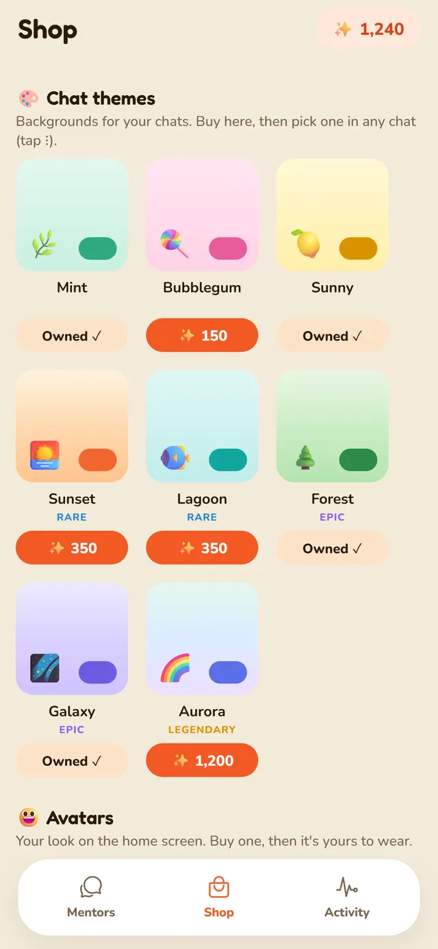 The Sparks shop, showing chat themes and avatars a child can buy with earned Sparks.