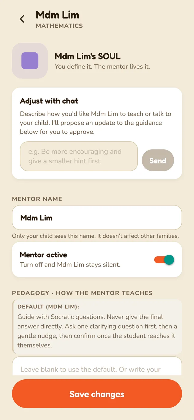 The soul editor, where a parent adjusts how a mentor teaches using plain language.