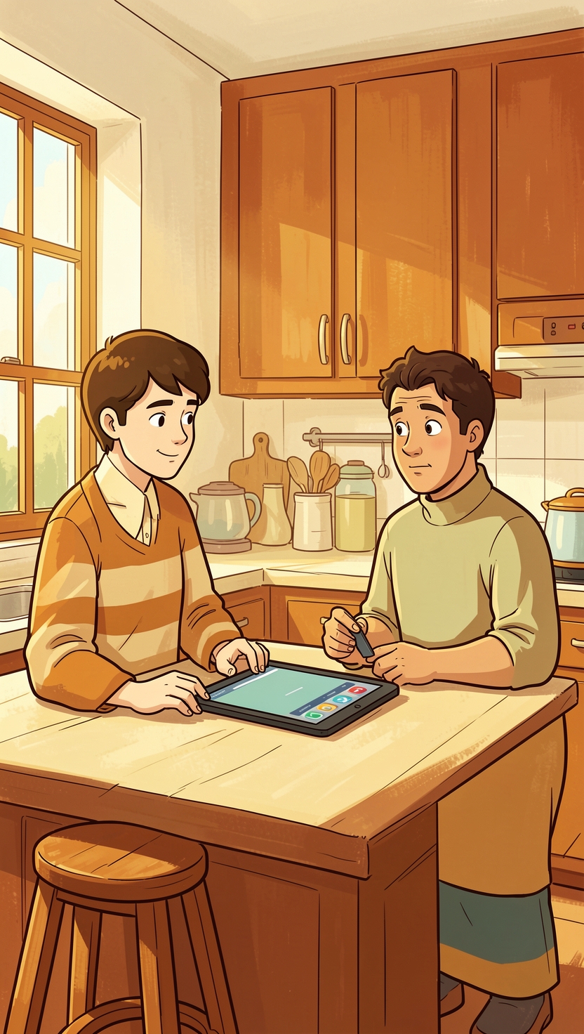 A tablet left on a kitchen table at home