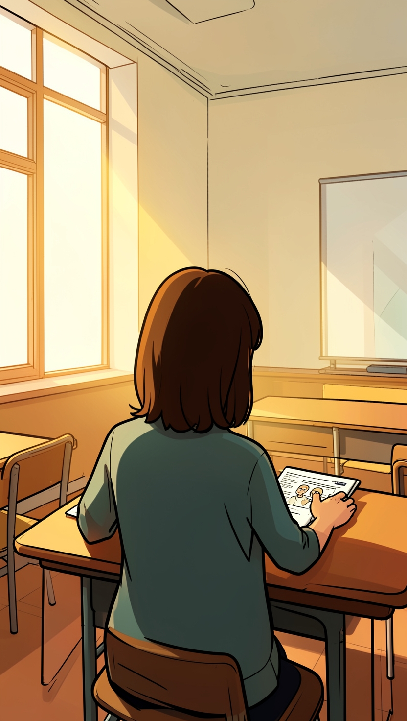 Rows of empty desks in a classroom