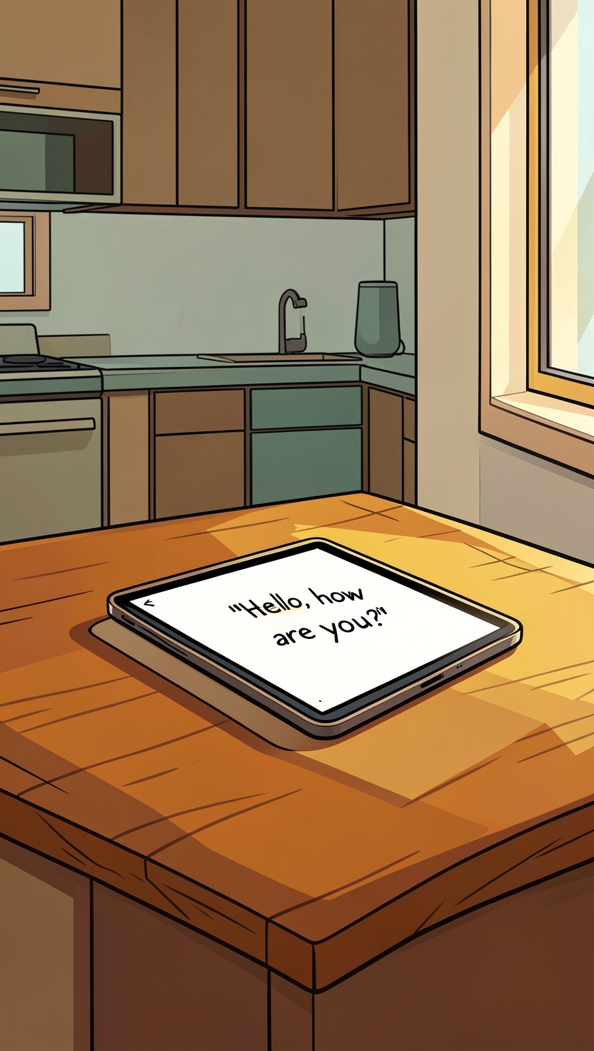 A tablet left face up on a kitchen table