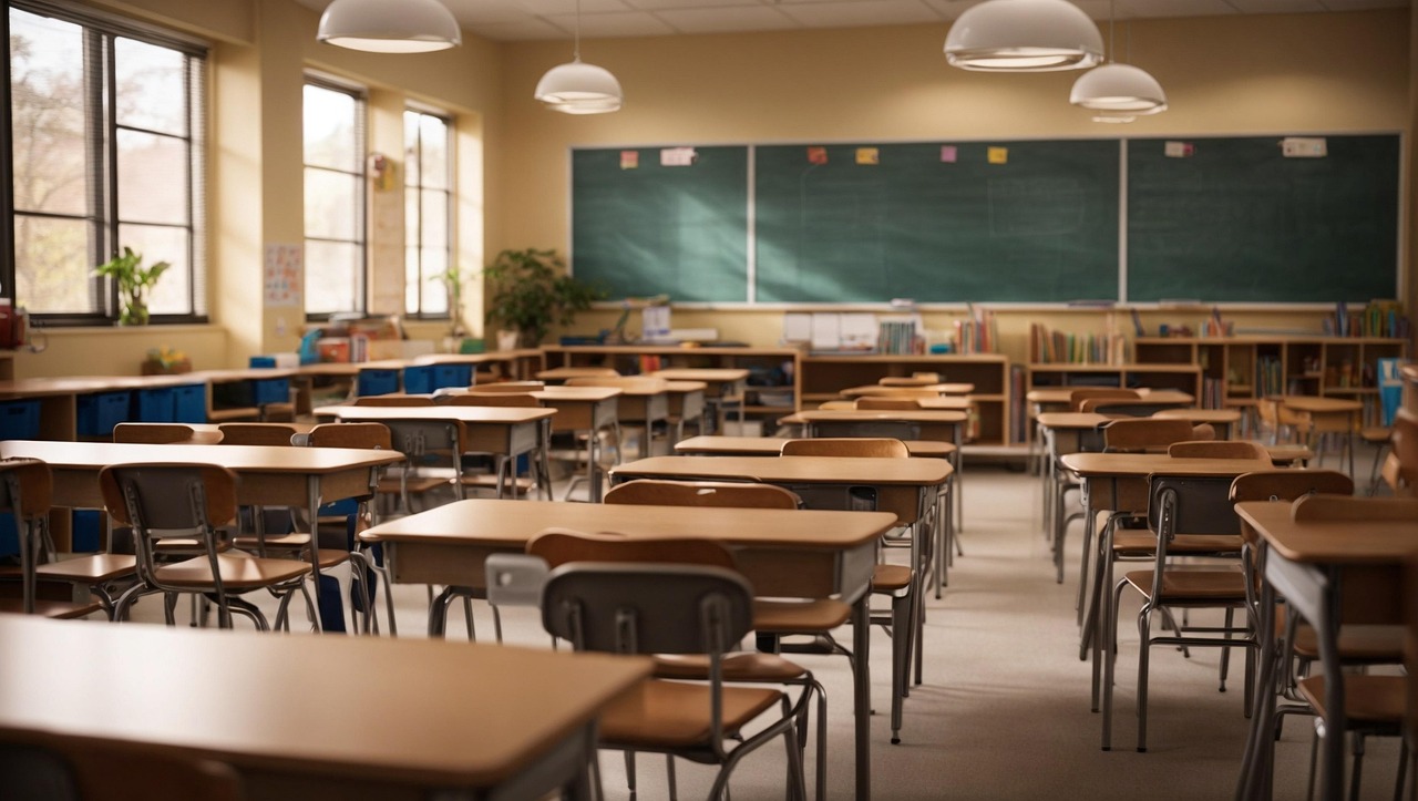 Rows of empty wooden desks in a classroom